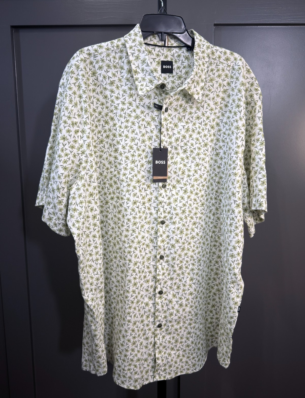 Hugo Boss Short Sleeve Linen Stretch Shirt Green Floral Print 3XL NWT